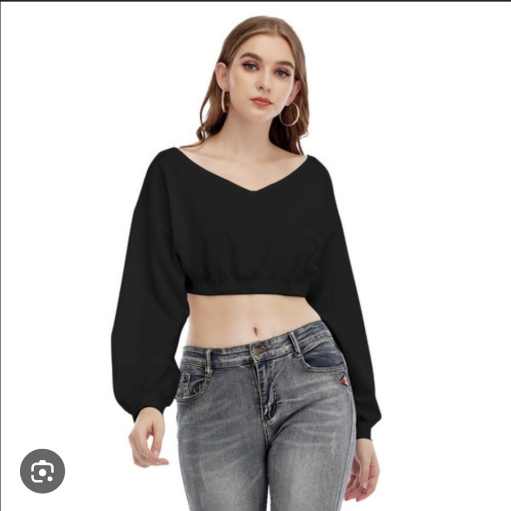 MESHKI WOMEN'S BLACK V NECK LONG SLEEVE CROPPED SWEATSHIRT SIZE LARGE